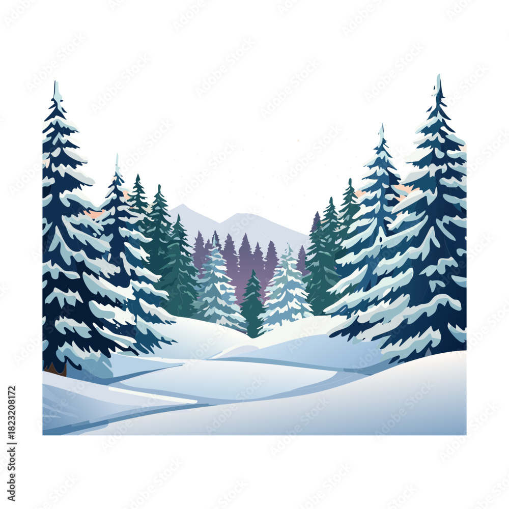 Fototapeta premium Scenic winter landscape with snowy pine forest and mountains under a blue sky vector illustration