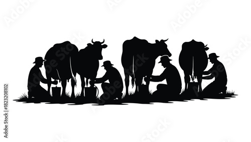 Farmers milking cows silhouette isolated on white background, Vector