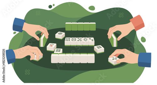 An illustration depicts a friendly game of mahjong, with hands arranging tiles on a green table, promoting social interaction and leisure.
