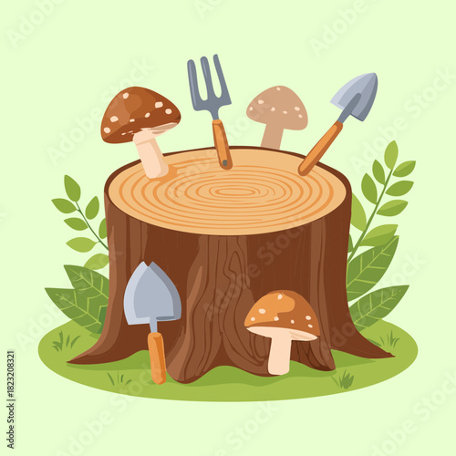 Garden tools stuck in a tree stump with mushrooms and green grass in flat vector illustration