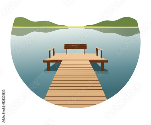 Symmetrical view of a wooden pier over a peaceful lake with distant forest in circular vector illustration