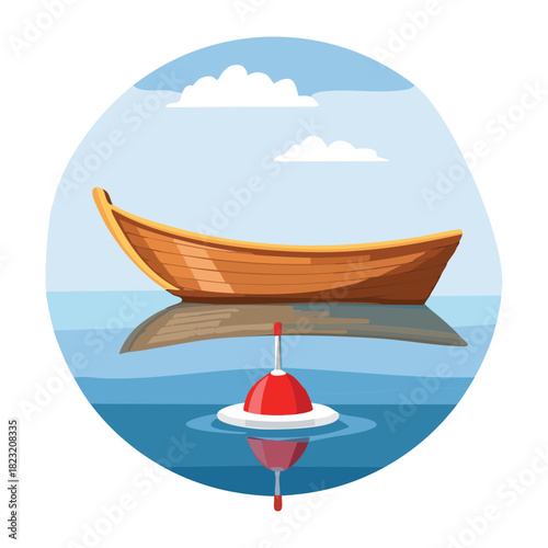 Small wooden rowboat floating on a calm lake with a red and white buoy in circular frame