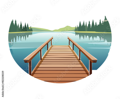Perspective view of a long wooden pier walkway stretching over a calm blue lake at sunrise vector