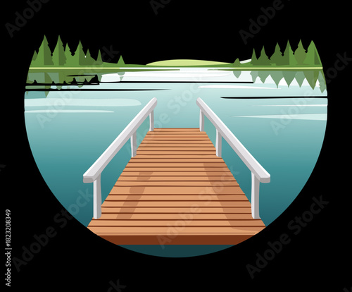 Perspective view of a wooden pier walkway stretching over a calm blue lake flat vector illustration