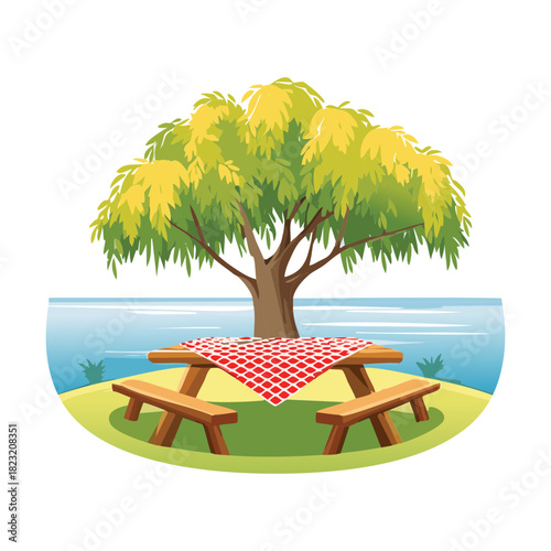 Sunny outdoor picnic area with a wooden table under a large tree by the water vector illustration