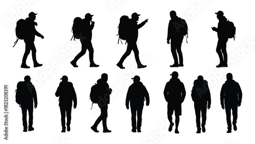 Hikers and travelers silhouettes collection isolated on white background, Vector