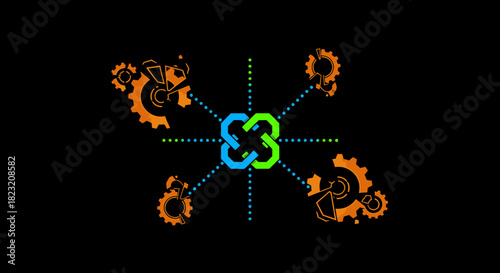 This abstract illustration visualizes complex mechanical systems and digital networks collaborating, showcasing innovative processes and integrated technological solutions.