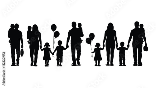 Diverse family silhouettes walking together isolated on white background, Vector