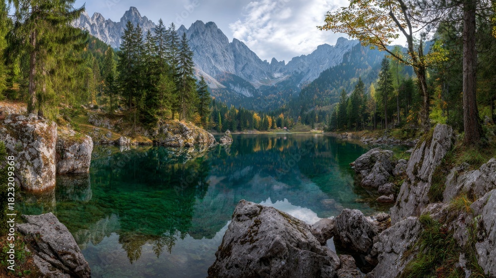 Fototapeta premium Fairy-tale alpine mountain lake with crystal-clear calm waters reflecting majestic snow-capped peaks and lush green slopes, scenic landscape of lake fusine in the alps under soft natural light