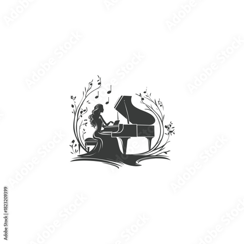 Elegant silhouette vector illustration featuring a woman with long hair playing a grand piano, beautifully framed by organic elements, branches, and musical notes