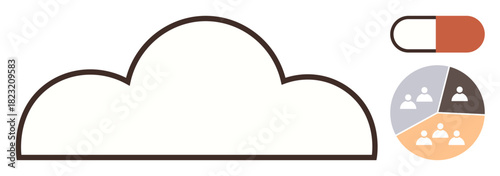 Cloud outline combined with capsule and segmented pie chart containing team icons. Ideal for healthcare, teamwork, data sharing, innovation, networking, collaboration, and technology in a simple flat