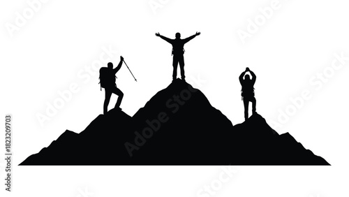 Mountain climbers silhouettes at summit isolated on white background, Vector