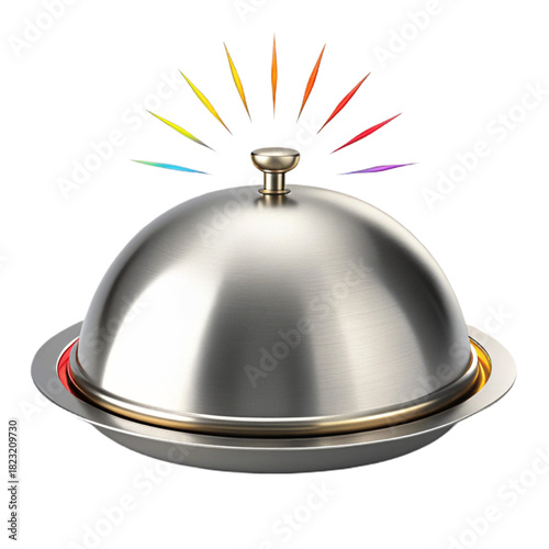Elegant silver cloche with radiant rainbow glow, perfect for unveiling culinary masterpieces and adding a touch of magic to your food presentation