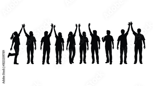 Diverse group of people silhouettes raising hands isolated on white background, Vector