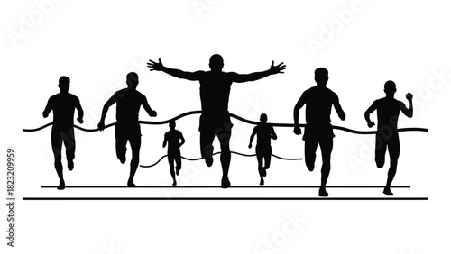 Runner crossing finish line silhouette isolated on white background, Vector