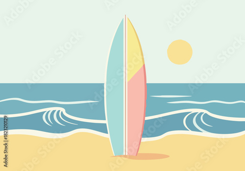 Retro style illustration of a colorful surfboard on a tranquil sandy beach