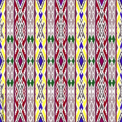 Vibrant geometric pattern with tribal influences, ideal for modern textiles, eye-catching backgrounds, and unique design projects with a global aesthetic