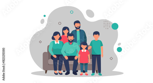 An illustrated family portrait depicts a diverse group of people, showcasing togetherness, love, and familial bonds against a soft, abstract background.