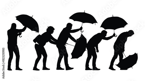 Silhouettes of people battling wind with umbrellas isolated on white background, Vector