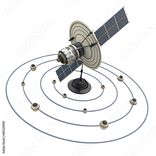 Satellite orbits Earth with futuristic technology, perfect for science, technology, and global communications projects needing a modern, high-tech feel