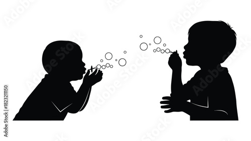 Children blowing bubbles silhouette isolated on white background, Vector