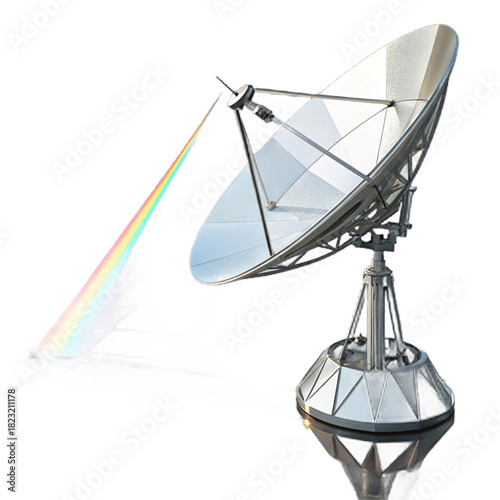 Captivating satellite dish with vibrant rainbow beam, perfect for science, technology, and communication themes, transmitting colorful data with advanced equipment