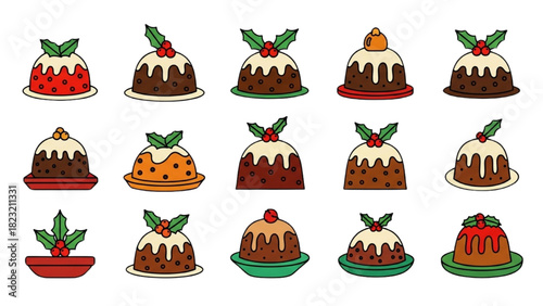 Christmas Pudding Set – Black Outline Colorful Geometric Pictograms with Holly Details
