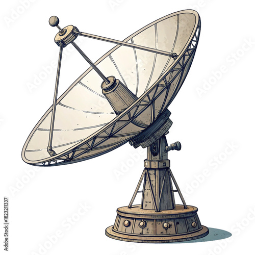 Vintage satellite dish antenna searching the cosmos, a retro technology illustration for communications, science, and exploration themes, ready for your design