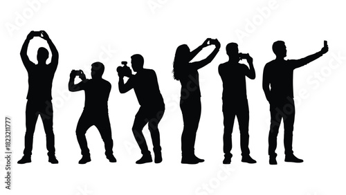 People taking photos and selfies silhouettes isolated on white background, Vector