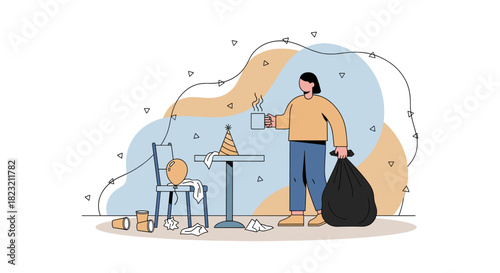 A person cleans up after a party, holding a trash bag and a mug, with scattered debris and a festive hat on a small table.