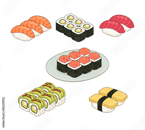 Japanese sushi and maki rolls collection illustration