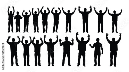 Group of people silhouettes with raised hands isolated on white background, Vector