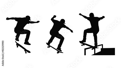 Skateboarding tricks silhouettes isolated on white background, Vector