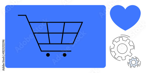 Minimalist shopping cart, heart icon, and gears symbolize e-commerce, customer loyalty, system optimization, online retail, teamwork, efficiency and user-focused design. Ideal for digital marketing