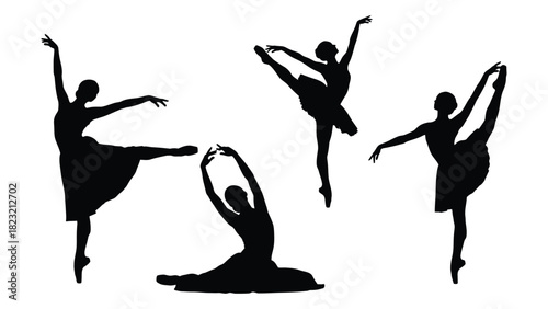 Graceful ballerina silhouettes in dance poses isolated on white background, Vector