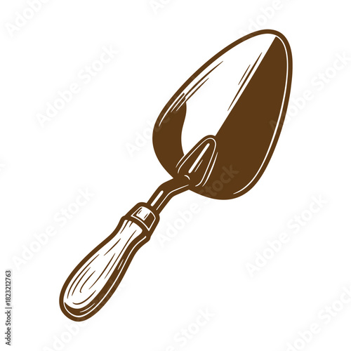 Vintage sketch illustration of a garden trowel with a wooden handle isolated