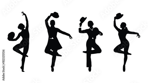 Dancing performers silhouettes with hats isolated on white background, Vector