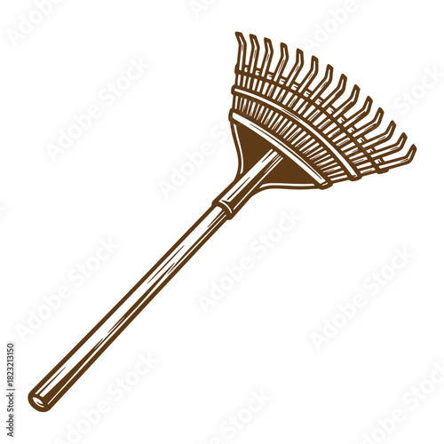 Vintage sketch of a garden rake isolated on white background for gardening or farming