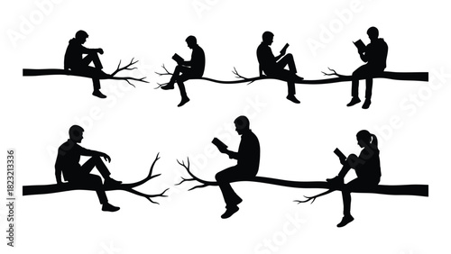 Silhouettes of people reading on tree branches isolated on white background, Vector