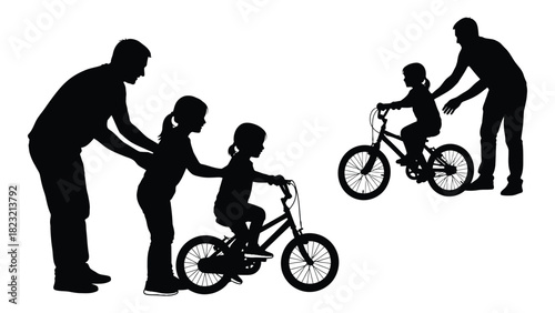 Family bike riding lesson silhouettes isolated on white background, Vector