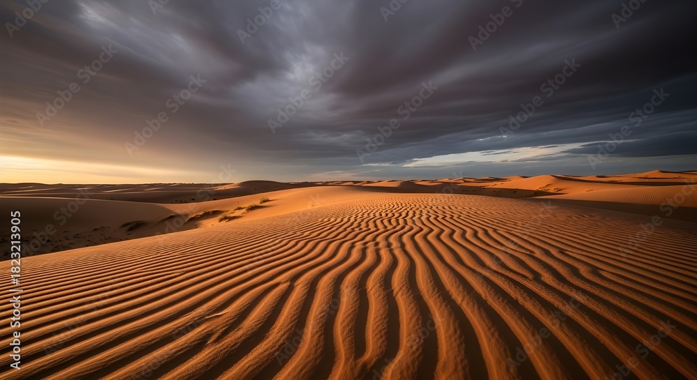 Naklejka premium Dramatic desert landscape with sand dunes and stormy sky at sunset