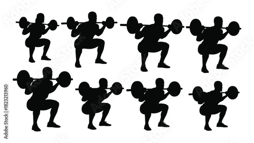 Barbell squat workout silhouettes isolated on white background, Vector