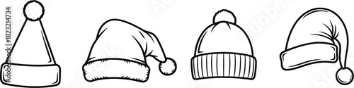 Four different types of winter hats drawn in a simple black and white line art style