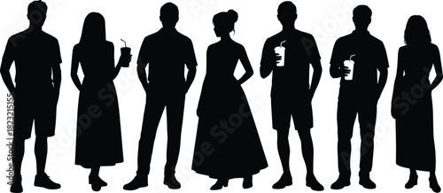 Stylized human silhouette set, seven diverse standing figures, fashion and posture variations, vector graphic, social behavior clipart, minimal design