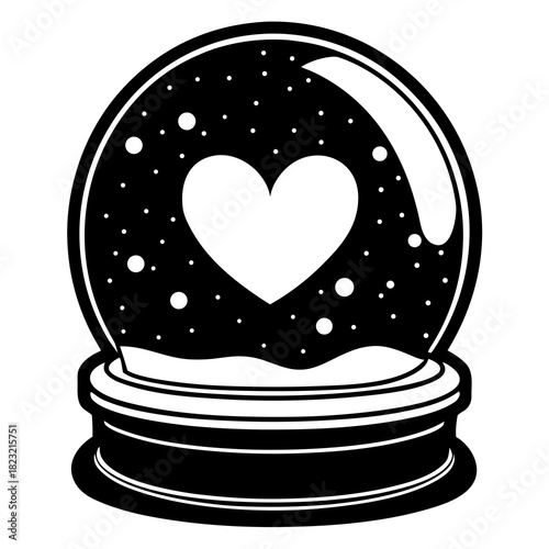 Romantic Snow Globe Icon Vector: Black and White Silhouette of a Heart Inside a Winter Crystal Ball, Perfect for Christmas, Valentine's Day, and Holiday Love Symbolism