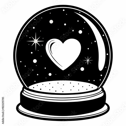 Romantic Black and White Snow Globe Vector Illustration with Heart and Glittering Snowflakes Inside a Glass Dome for Winter Holidays, Valentine's Day Greeting Cards, and Festive Design Elements