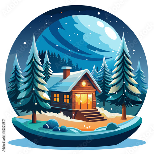 Enchanting Winter Night Vector Illustration of a Wooden Log Cabin Surrounded by Snow-Covered Pine Trees and Falling Snowflakes in a Stylized Circular Frame