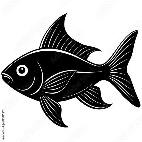 Premium Monochrome Fish Silhouette Vector Icon: Perfect for Seafood Restaurant Logos, Fishing Badges, T-Shirt Designs, and Aquatic Theme Graphics. Simple Black and White Mascot Illustration.