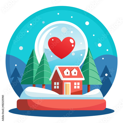 Cozy Winter Snow Globe Vector Illustration with Red House, Pine Trees, and Floating Heart Symbolizing Love and Holiday Spirit - Perfect for Christmas, Valentine's, and Romantic Designs.
