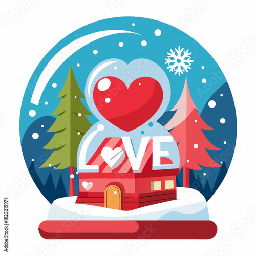 Flat Design Valentine's Snow Globe Vector: Cute Winter Scene with Love House, Pine Trees, and Big Heart Inside Glass Ball | Romantic Holiday Greeting Card and Digital Banner Element
